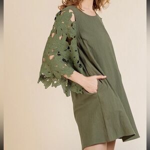 NWT Umgee plus size green cotton lace applique bell sleeve dress Size 2X